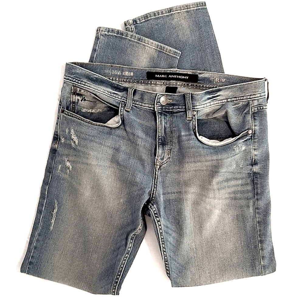 Marc Anthony Slim Distressed Jeans 36x34 Light Wash Blue Stretch Denim Men's
